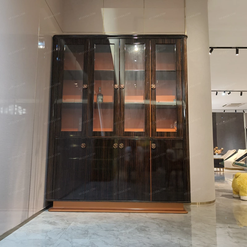 Dark Wood Wine Cabinet with Glass Display Doors, Warm Orange Interior and Stainless Steel Accents
